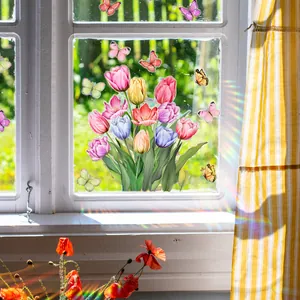 Detailed view of colorful tulip flowers and butterflies window stickers with rainbow glare