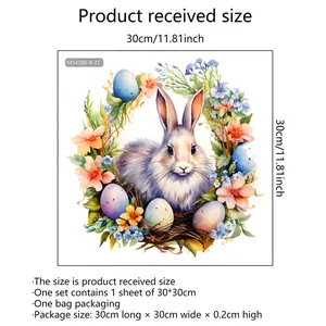Détail sticker mural lapin de Pâques avec fleurs aquarelles et œufs sur feuille de 30cm