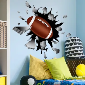 Sticker mural 3D football américain avec effet mur cassé pour chambre d'enfant