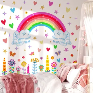 Cartoon Rainbow Wall Stickers Stars Hearts Flowers Decorative PVC Decals For Kids Room Nursery Bedroom Playroom Home Decor