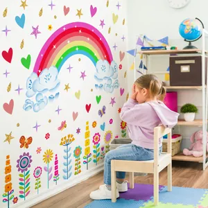 Rainbow and heart cartoon wall decals in a child nursery background with a little girl