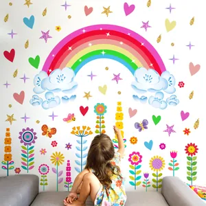 Rainbow stars heart flower wall decals set for kids nursery room decor in soft colors