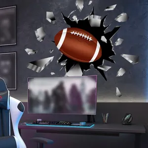Sticker mural 3D football américain avec effet de mur brisé pour déco chambre sport
