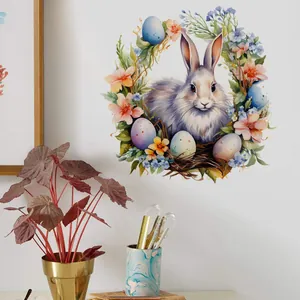 Détail de l'autocollant mural couronne de lapin et œufs de Pâques style aquarelle