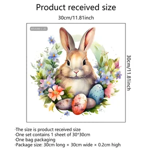 Détail du sticker mural lapin de Pâques aquarelle 30x30cm avec fleurs et œufs décoratifs