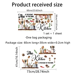 Kitchen wall sticker with 'Heart of the Home' quote and utensils, 73x41cm layout
