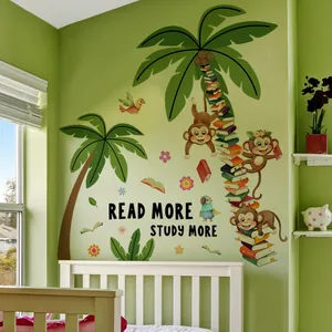 Sticker mural singe et palmier avec slogan Read More Study More pour décor de chambre enfant