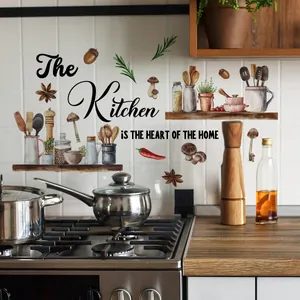 Minimalist kitchen wall sticker with hand-drawn utensils and heart of the home quote