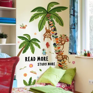 Sticker mural singe et palmier avec texte READ MORE STUDY MORE pour chambre enfant