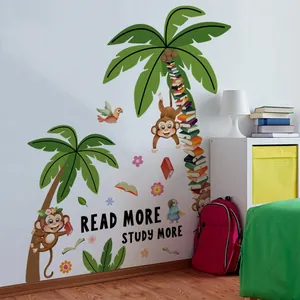Détail de stickers muraux singes de dessin animé avec palmiers et slogan d'étude
