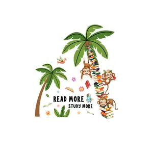Sticker mural singe dessin animé et palmier avec texte Read More Study More