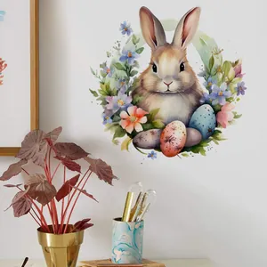 Détail d'un lapin à l'aquarelle avec couronne de fleurs et œufs de Pâques autocollant mural