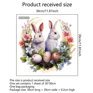 Sticker mural lapin de Pâques couronne fleurie 30x30cm pour déco chambre enfant