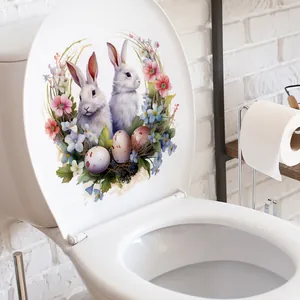 Détail d'autocollant pour abattant WC lapin de Pâques et fleurs avec texture aquarelle