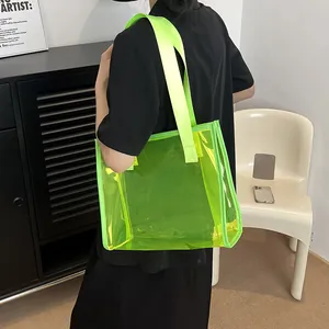 Neon green transparent PVC tote bag with large capacity for stylish summer beach outings