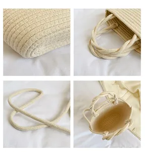 Detailansichten der gewebten Baumwolltasche mit Textur, Riemen und Innenraum-Details
