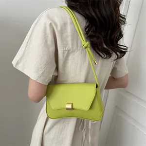 Minimalist lime green baguette shoulder bag with gold buckle for women fashion