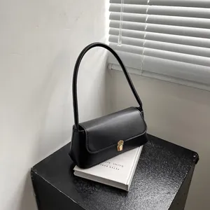 Minimalist black rectangle baguette bag with golden metal buckle for casual women fashion