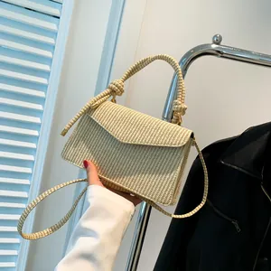 Fashion Woven Texture PU Leather Shoulder Bag For Women Casual Crossbody Handbag With Knot Handle Flap Small Square Bag