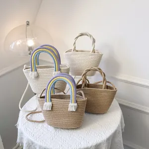 Damen Beuteltasche Aus Gewebtem Baumwollseil Mit Regenbogen Griff Quaste Stroh Optik Handtasche Lässig Sommer Strand Urlaub Schultertasche