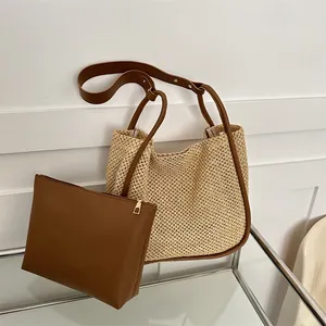 Borsa Tote in Paglia Intrecciata Grande Capacità per Donna Moda Contrasto PU Pelle Borsa a Tracolla Casual Vacanza Spiaggia con Pochette