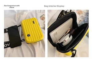 Gelbe Mini-Koffer Umhängetasche zeigt Innenkapazität und Größe im Vergleich zum Handy