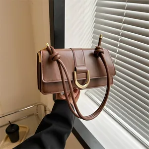 Women French Retro Baguette Bag PU Leather Rectangular Shoulder Bag With Gold D-Buckle Knotted Strap Crossbody Underarm Bag