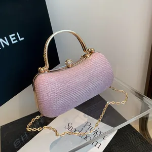Glitter Evening Clutch For Women Gold Metal Handle Rhinestone Wedding Party Crossbody Bag Handbag With Detachable Chain
