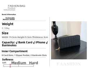 Detailed specs of black checkered long wallet showing size 19.5x9.5x3cm and interior layout