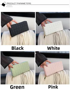 Detailed grid view of long quilted wallets in black, white, green, and pink colors