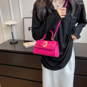 Magenta crocodile pattern square bag with vintage gold buckle and shoulder strap
