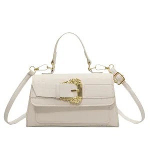 White faux crocodile skin crossbody bag with vintage golden baroque style buckle