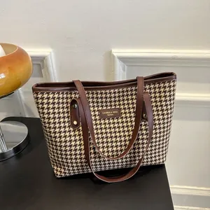 Large Capacity Houndstooth Tote Bag For Women Vintage Fabric Shoulder Handbag With Synthetic Leather Straps Commuter Travel Bag