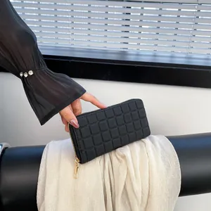 Black checkered long wallet for women with gold zipper and embossed grid pattern