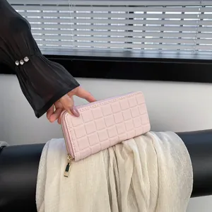 Pink checkered embossed long wallet for women with golden zipper and luxury finish