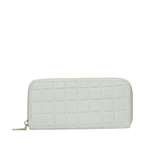 White quilted faux leather long wallet for women with golden zipper and large capacity
