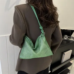 Sac à main en maille de strass vert pour femme avec cristaux et bandoulière nouée