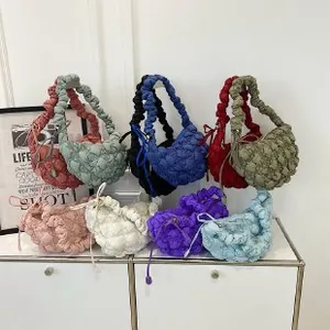 Women's Nylon Puffer Shoulder Bag Quilted Bubble Texture Ruched Strap Cloud Crossbody Bag Korean Style Daily Handbag