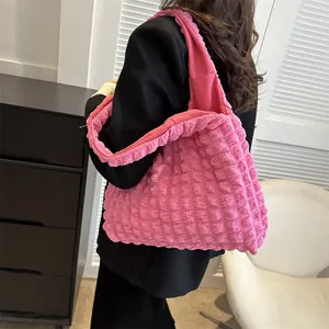 Pink puff bubble textured shoulder bag for women with minimalist tote design
