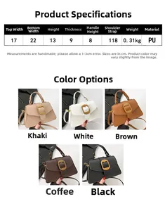 Size chart and dimensions for the PU leather crossbody bag available in five colors