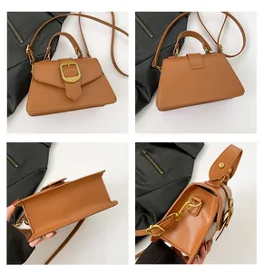 Detailed views of a brown crossbody bag showing hardware, bottom, and side construction