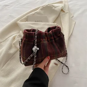 Women Vintage Woolen Plaid Bucket Bag Metallic Chain Pleated Drawstring Shoulder Crossbody Bag Autumn Winter Handbag