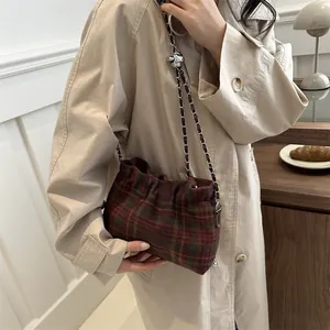 Vintage red and green plaid wool crossbody bag with stylish metal chain and silver ball detail