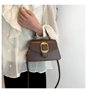 Close-up of a brown leather small square handbag with a prominent gold buckle and handle