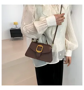 Detailed view of coffee brown crossbody bag featuring a woven texture golden metal buckle