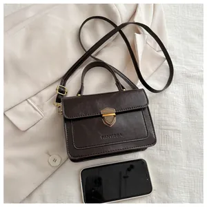 Detail of dark brown leather handbag featuring gold shield lock and brand logo