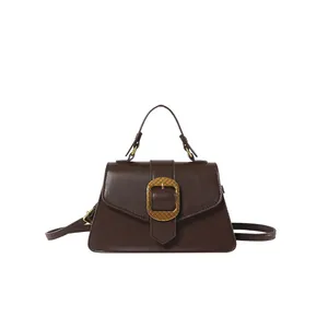 French style dark brown trapezoid handbag with gold woven buckle and shoulder strap