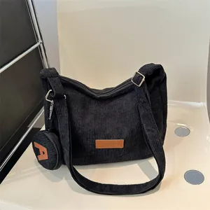 Retro Large Capacity Corduroy Tote Bag For Women Casual Shoulder Bag With Round Coin Purse Fashion Label Daily Handbag