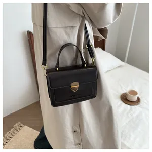 Close-up of retro dark brown square bag with golden shield lock and matte leather texture