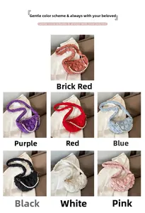 Collage of quilted cloud bags in seven colors featuring pearl chain and ruched straps